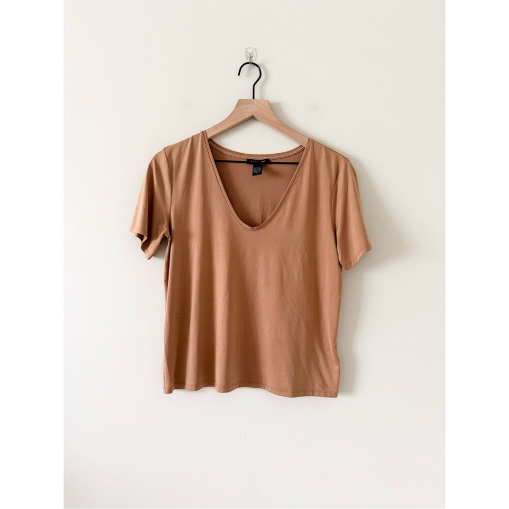 Express Conscious Edit V-Neck Short Sleeve Lightweight Tee in Brown Size XS